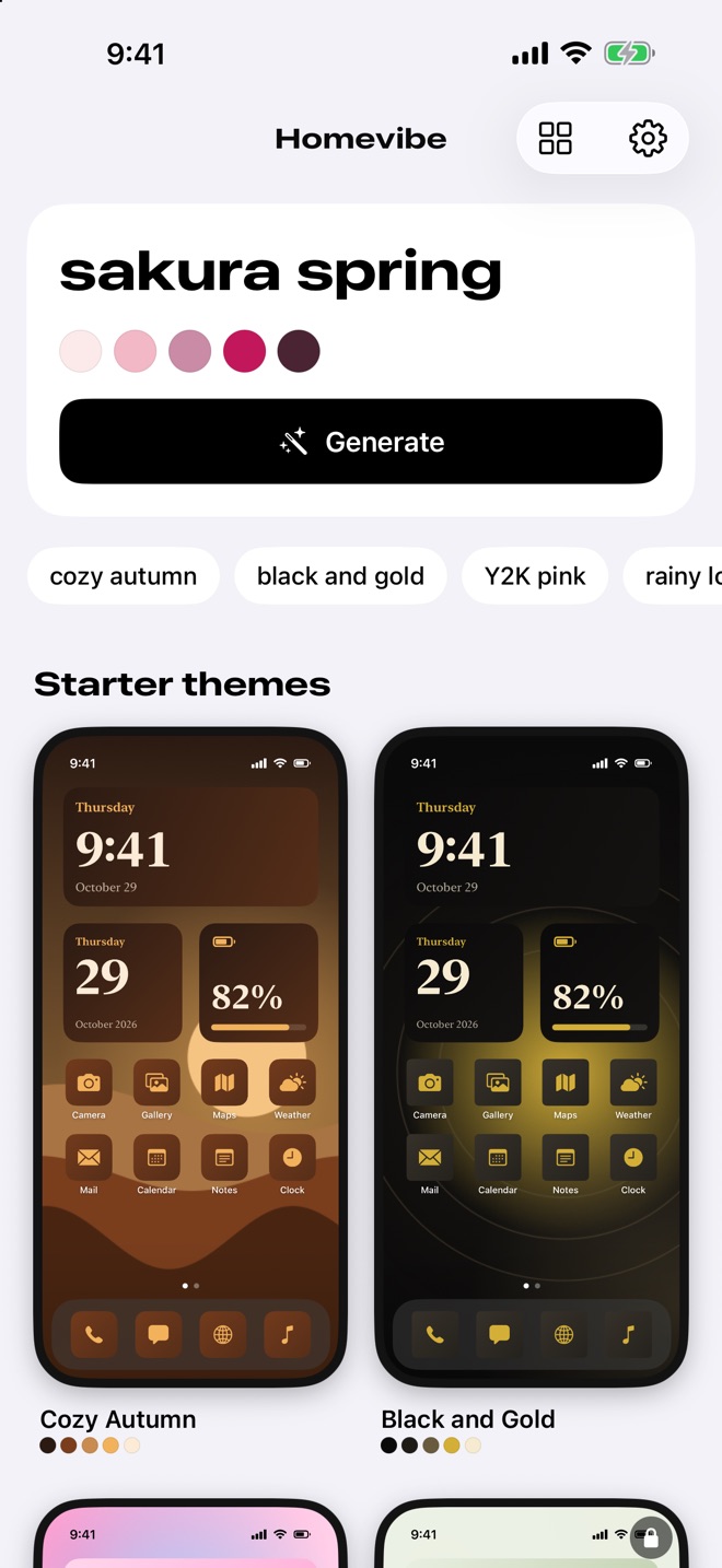 The Homevibe home screen with the Type your vibe field and starter themes